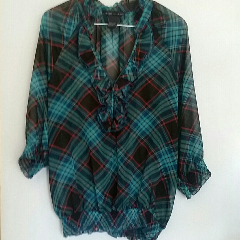 Sheer Plaid Ruffle Blouse S - Picture 2 of 2